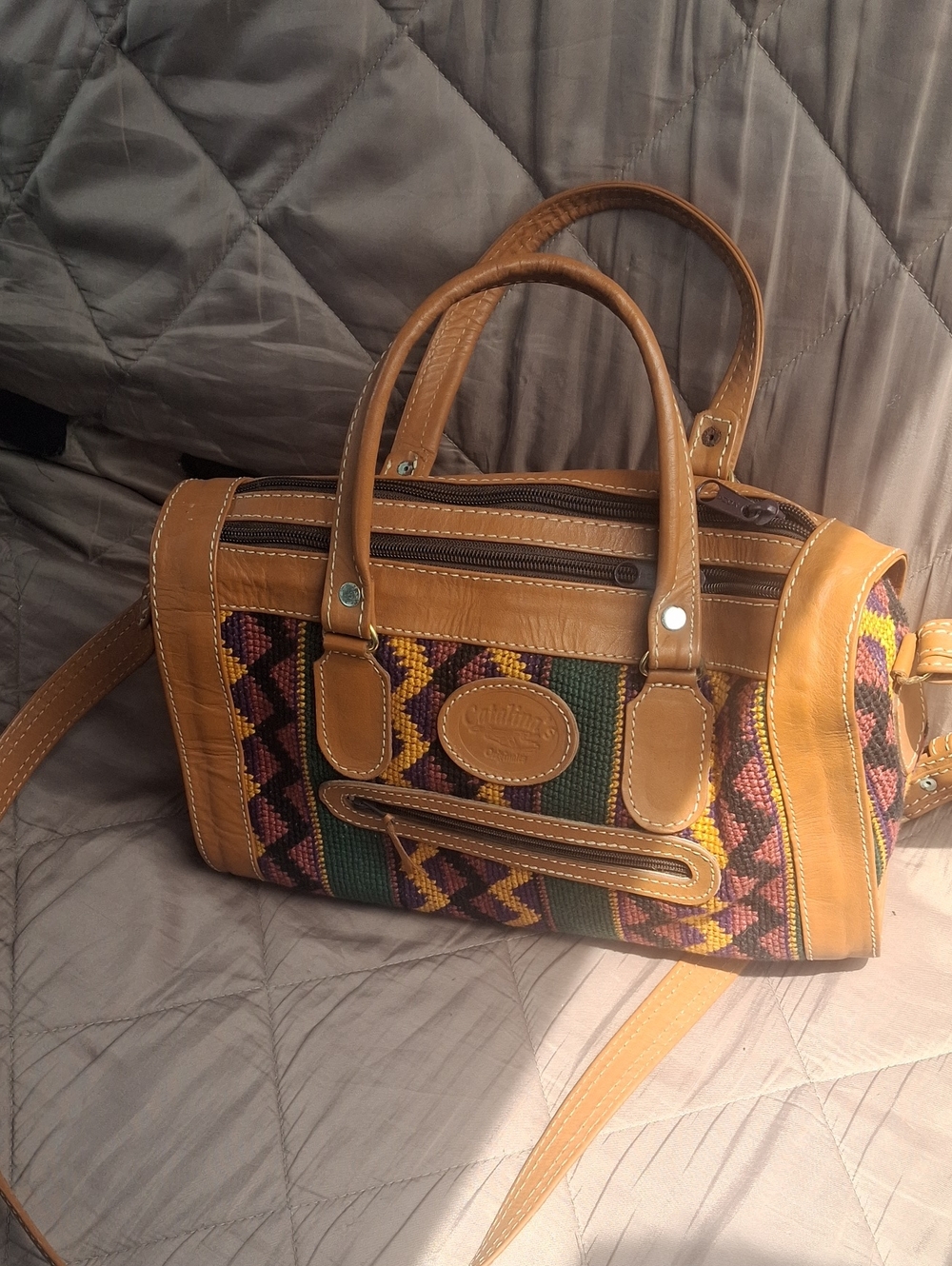 Catalina Tan Multicolor Woven Bag With Leather Trim